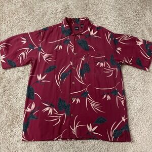 Silk Icon Men's Size XL Hawaiian Shirt 100% Silk‎ Red Floral Aloha Button Up